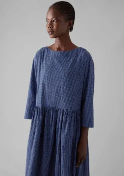 Outlet Check Crinkle Cotton Boat Neck Dress Women Loungewear|Dresses