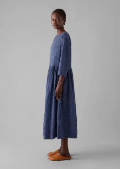 Outlet Check Crinkle Cotton Boat Neck Dress Women Loungewear|Dresses