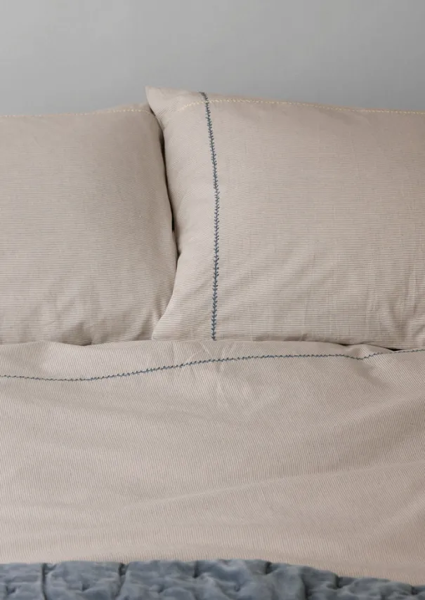 Fine Stripe Organic Cotton Embroidered Pillowcase Textiles|Bed Linen