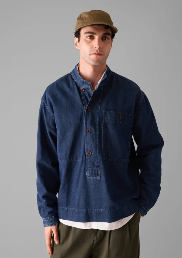 Grandad Collar Half Placket Denim Shirt Denim|Workwear
