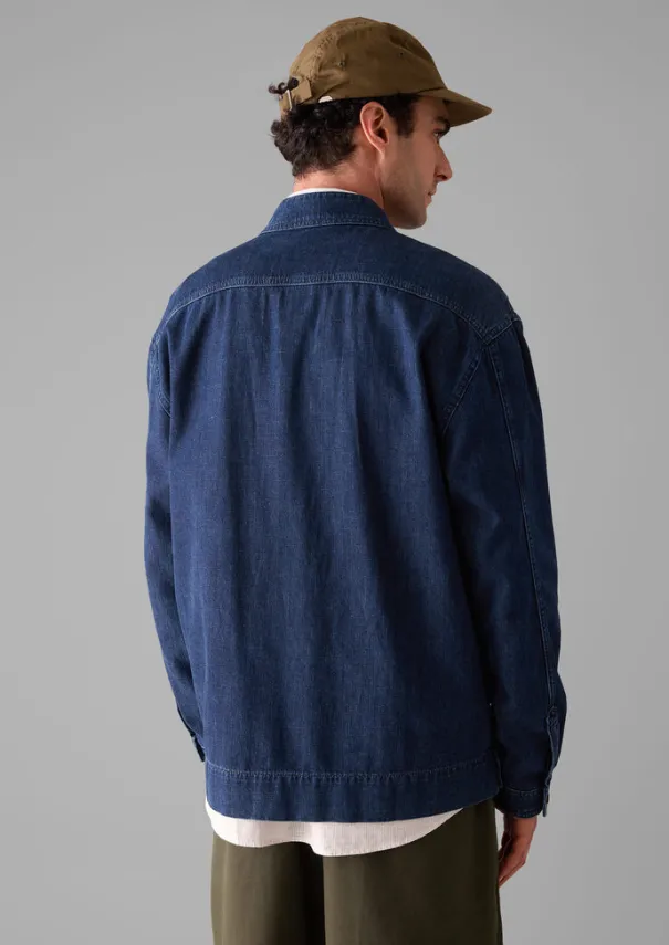 Grandad Collar Half Placket Denim Shirt Denim|Workwear
