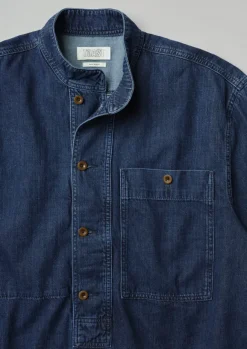 Grandad Collar Half Placket Denim Shirt Denim|Workwear