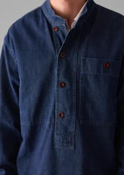 Grandad Collar Half Placket Denim Shirt Denim|Workwear