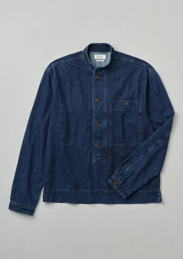 Grandad Collar Half Placket Denim Shirt Denim|Workwear