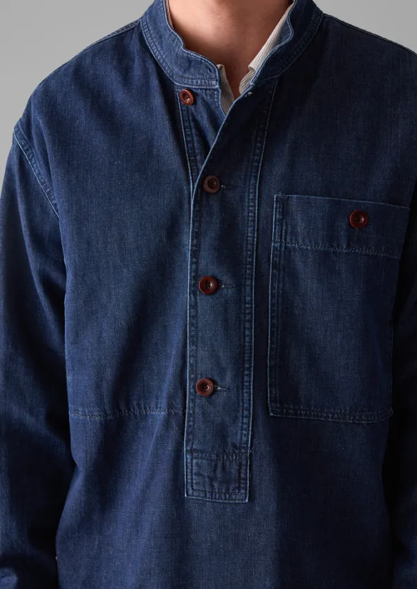 Grandad Collar Half Placket Denim Shirt Denim|Workwear