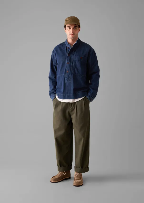 Grandad Collar Half Placket Denim Shirt Denim|Workwear