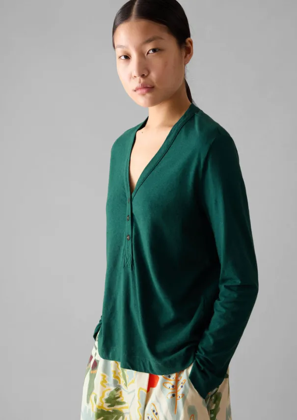 Hot Half Placket Cotton Linen Tee Women Linen|Jersey