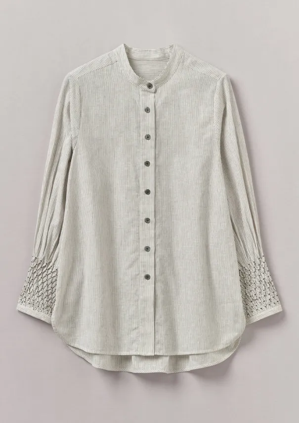 Hot Hand Smocked Stripe Cotton Linen Shirt Women Shirts|Tops & Tees