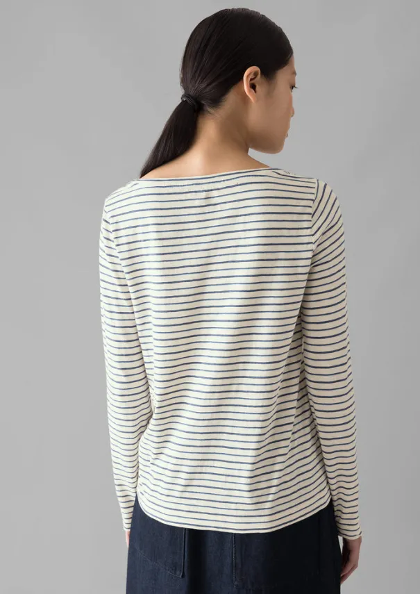 Outlet Stripe Cotton Open Neck Tee Women Jersey|Tops & Tees