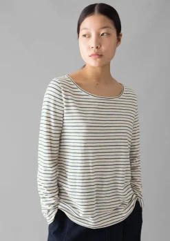 Outlet Stripe Cotton Open Neck Tee Women Jersey|Tops & Tees