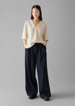 Hot Textured Cotton Poplin V-Neck Top Women Tops & Tees