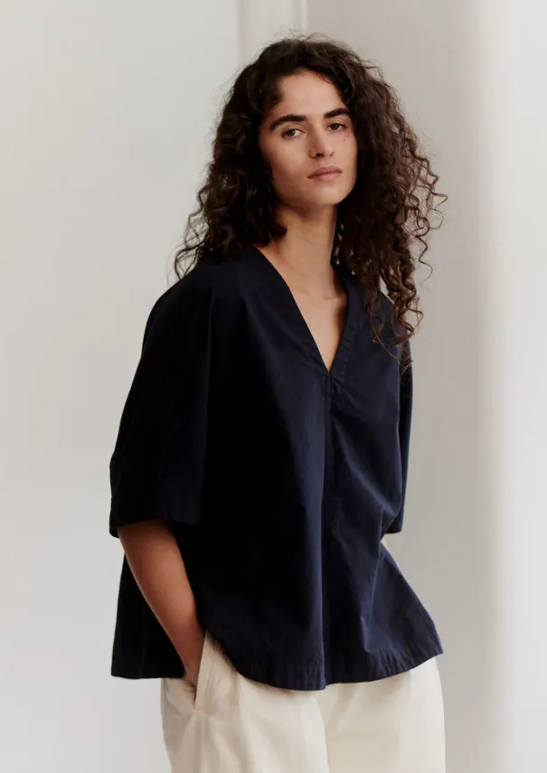 Outlet Textured Cotton Poplin V-Neck Top Women Tops & Tees
